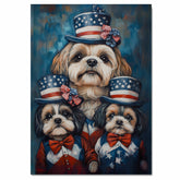 Shih Tzu Dog Family in Patriotic Outfits and American Flag Hats with Bows for Fourth of July Celebration on Ready to Hang 1.5" Thick Canvas Wrap, Floating Framed Canvas, Flat Rolled Canvas